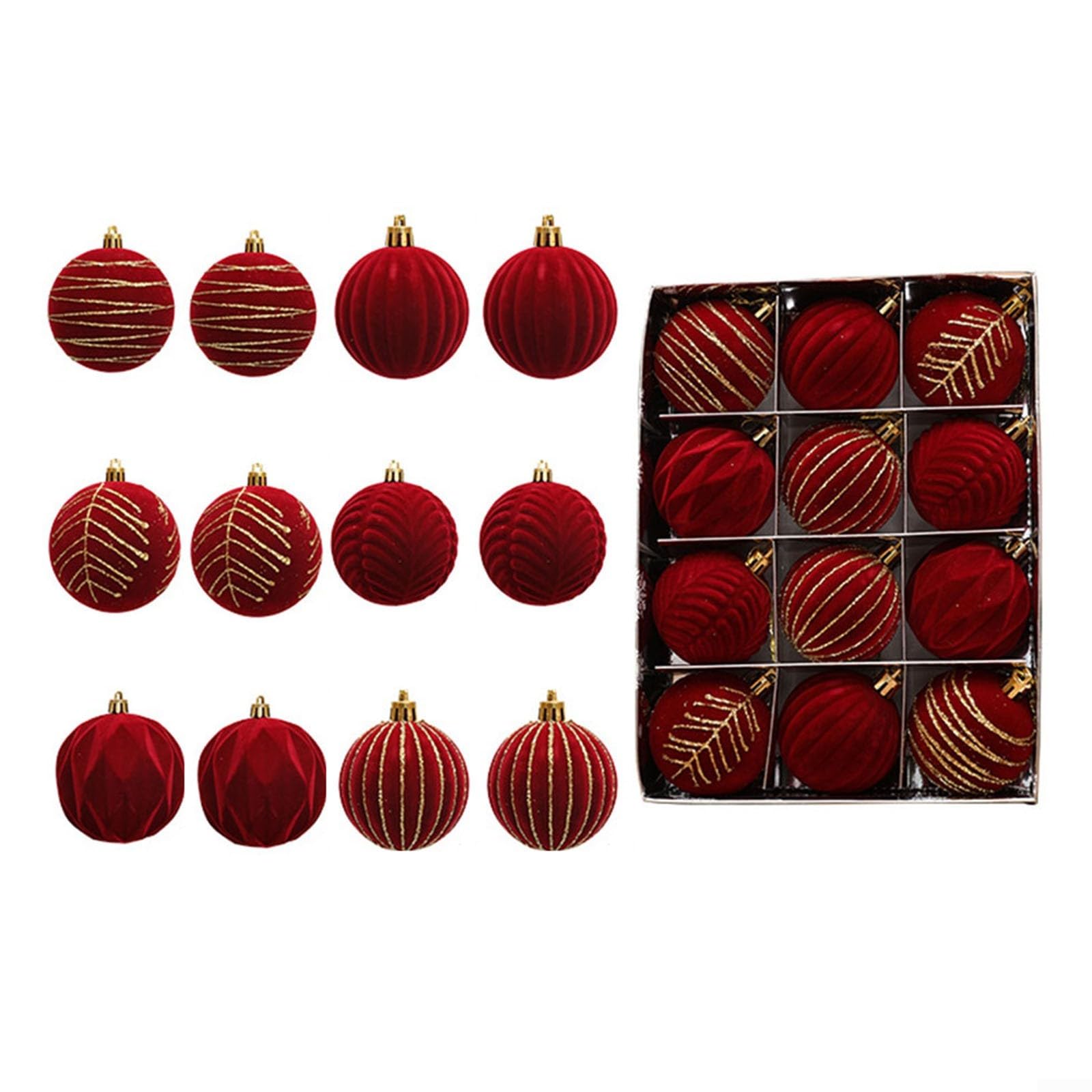 12PCS 6CM Velvet Christmas Ornaments Balls, Flocked Christmas Tree Ball Hanging Ornaments Shatterproof Xmas Bulbs for Christmas Tree Decorations(red C