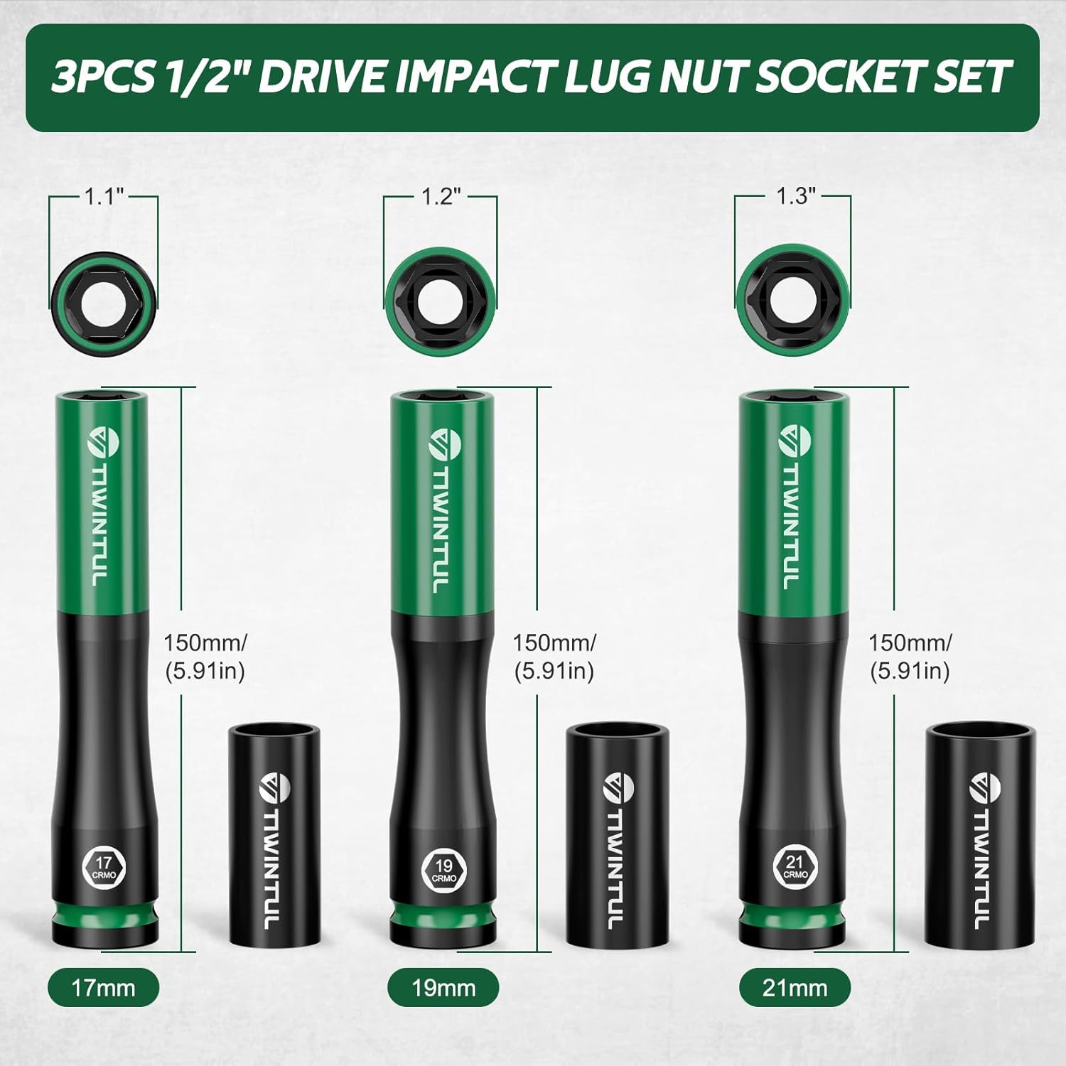 1/2" Extra Long Lug Nut Socket Set, 6Pcs Non-Marring Wheel Protector Impact Deep Socket Set, Metric 17 19 21 mm, CR-MO Steel & 6-Point, Thin Wall 150mm Deep Socket with 3 Protective Covers