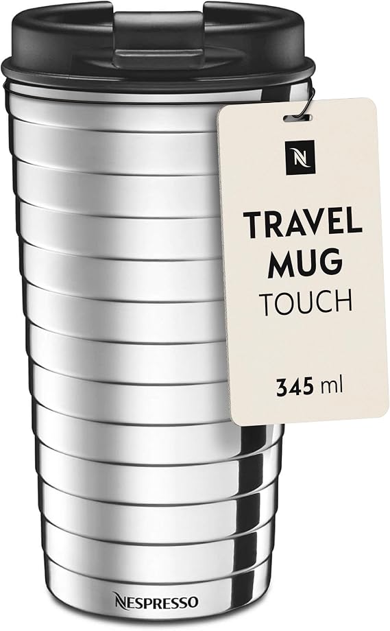 Nespresso Touch Travel Mug Silver 345 ml Stainless Steel Thermal Mug Cold & Warm for Coffee Tea Matcha etc. Leak-proof & Dishwasher Safe Coffee Mug to Go with Lid