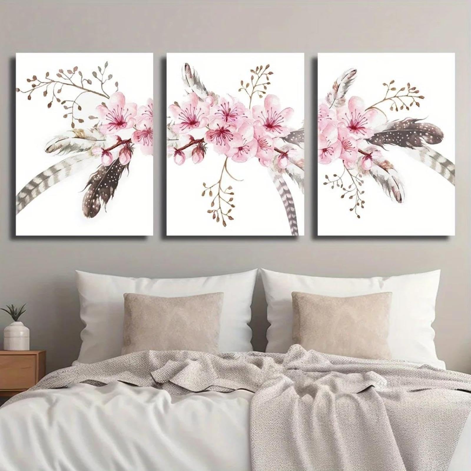 Yocheng 3pcs Canvas Print Art, Light Pink Cherry Blossom Art, Feathers And Botanical Flowers Illustration, Watercol 60x80cmx3 No Frame