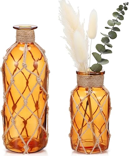 Vista 11 de Chuangdi TSITP - Juego de 2 jarrones de cristal costeros para flores, florero con cuerda bohemia, frasco pequeño de cristal de mar, botella de playa