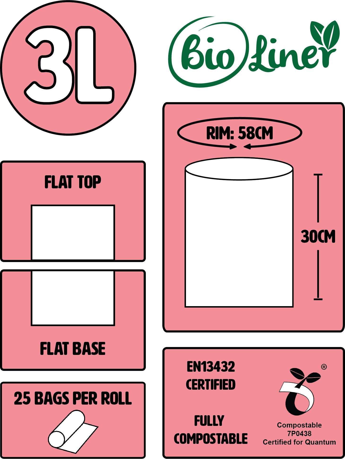 BioLiner Mini 3L Compostable Caddy Bags - 150 liners - Kitchen Worktop Compost Food Waste Bin Liners for EN13432