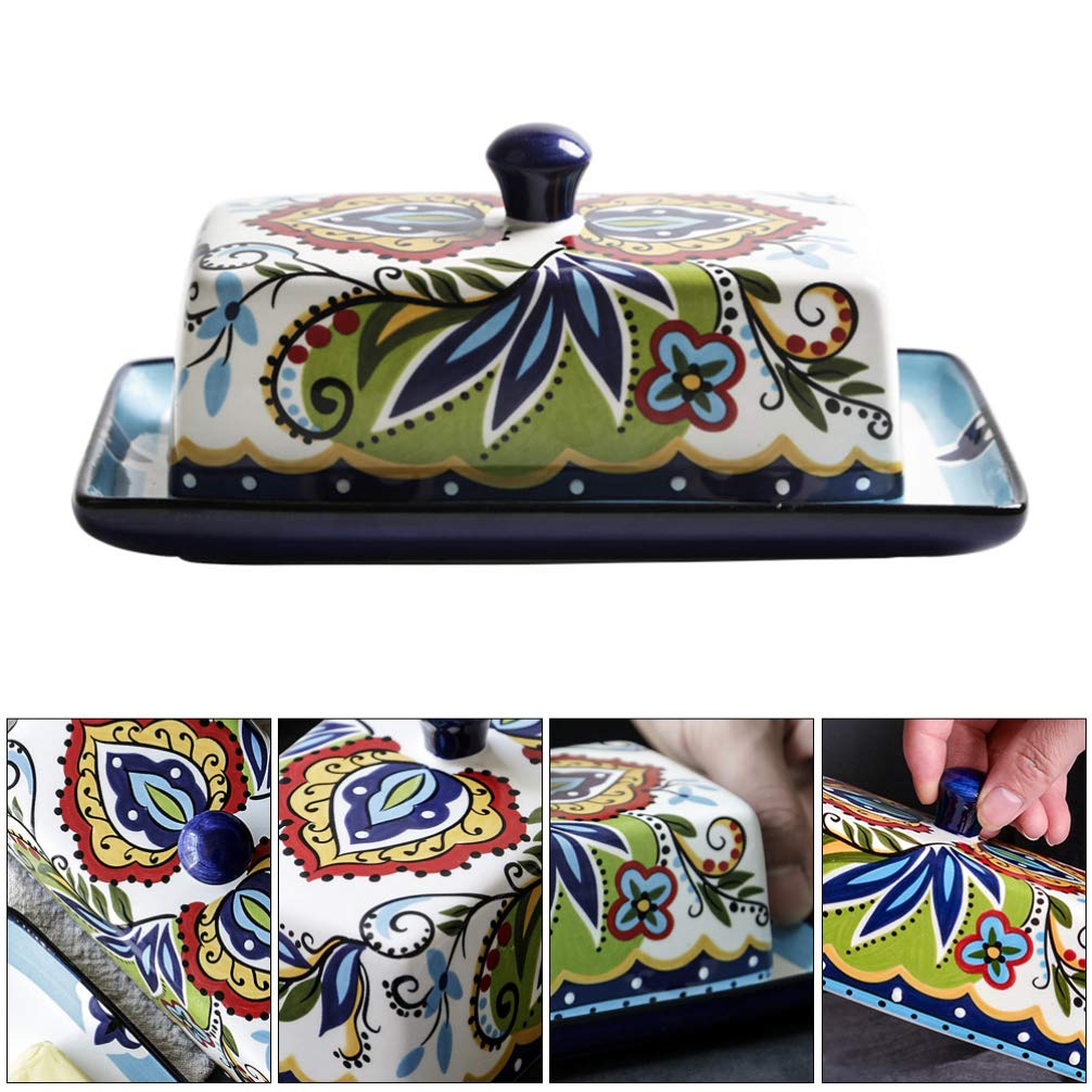HEMOTON Contenitore Per Burro in Ceramica Con Coperchio Decorato a Motivo Floreale Porta Burro Elegante E Funzionale Per Cucina E Tavola