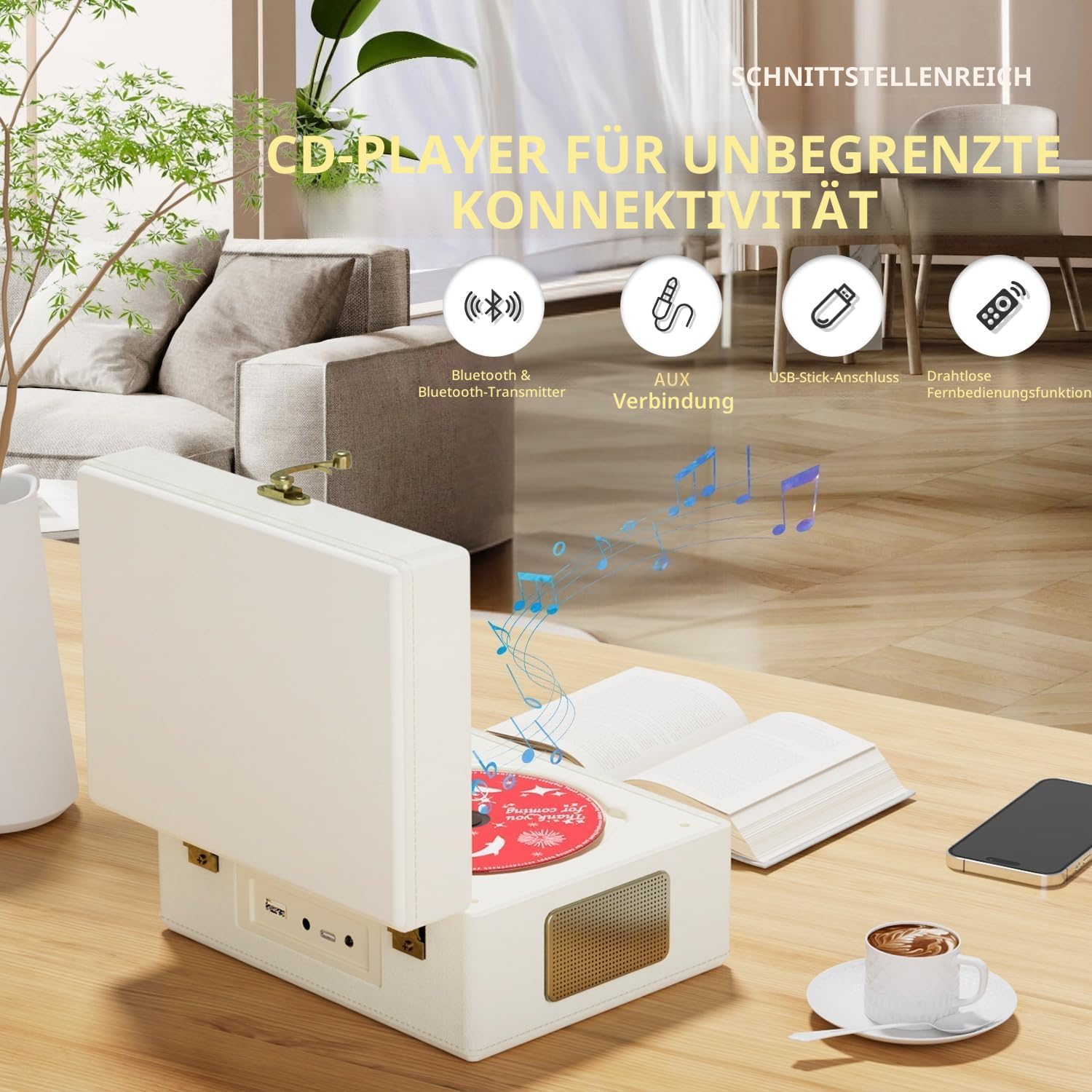 Yintiny Wiederaufladbarer CD-Player aus Leder mit Lautsprechern, Bluetooth-Sender, Festival-Geschenk, BGM-Player für Heimdekoration.