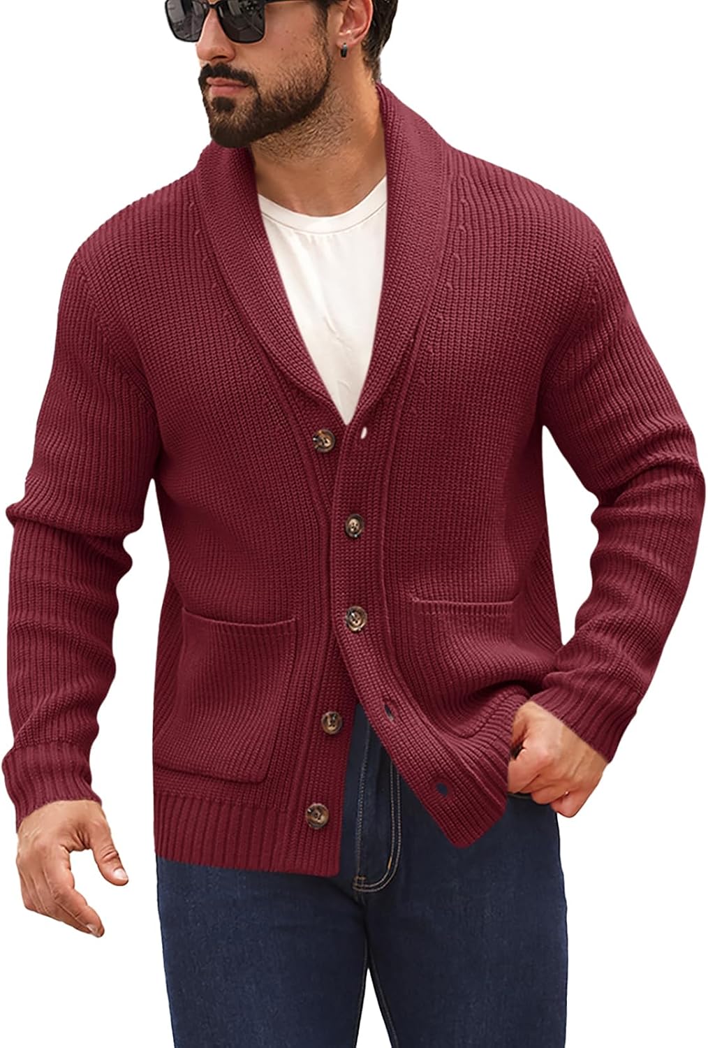 Runcati Mens Shawl Collar Cardigan Sweater Button Down Ribbed Knit Sweaters Chunky Casual Cardigan with Pockets