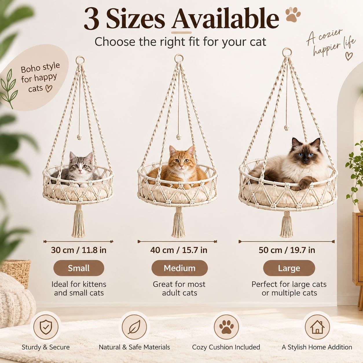 Hamaca para gatos Boho con cojín extraíble, beige-B-L: 50 cm