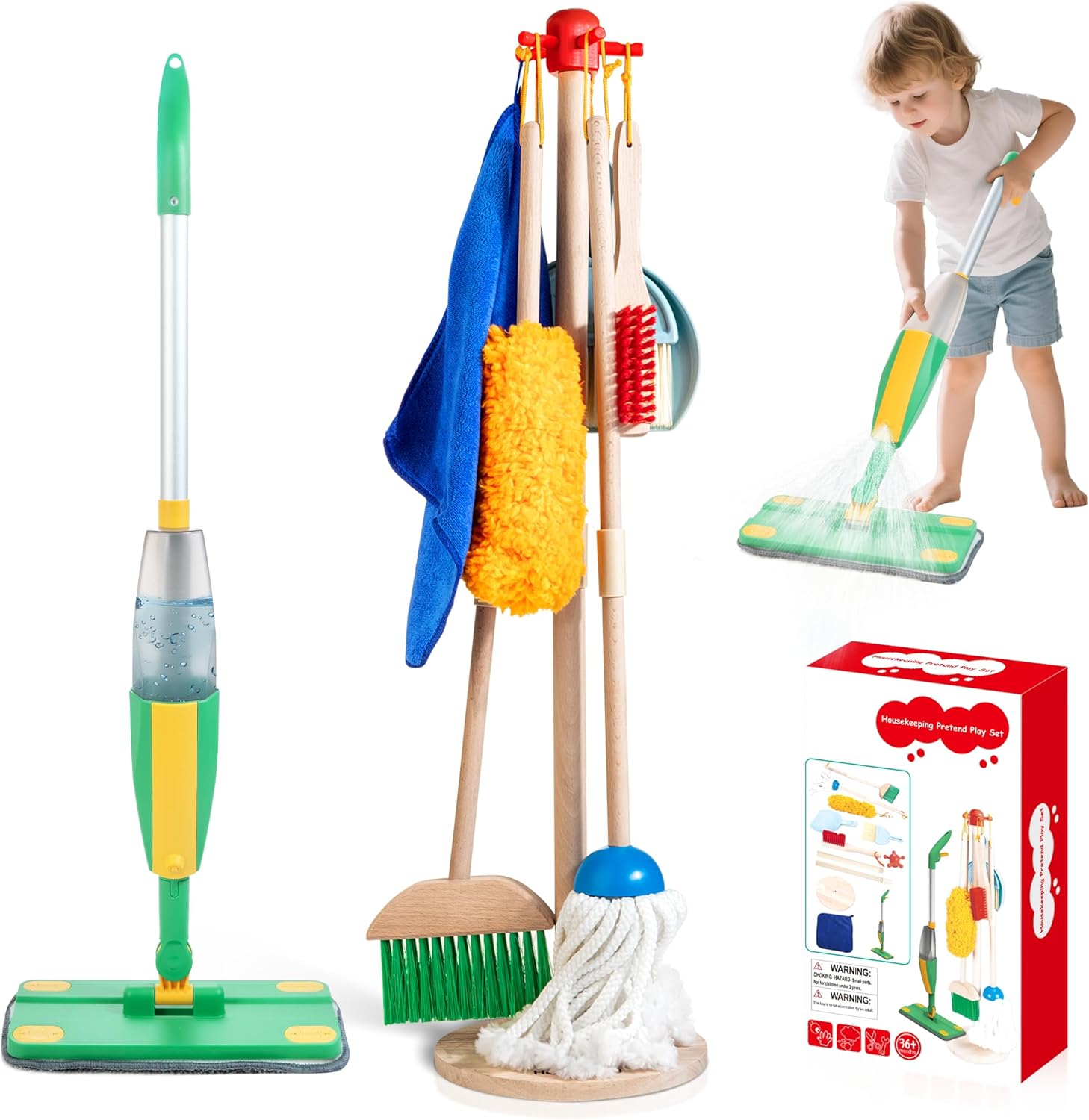 Wooden Kids Cleaning Set with Spray Mop, Montessori Cleaning Toys Real Water Sprayer and Toddler Broom Mop Set, Housework Pretend Play Toy Gift for Boys Girls Ages 3+