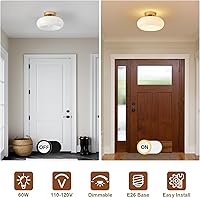 Vista 6 de Mid-Century Modern Gold Semi Flush Mount Ceiling Light, Kitchen Ceiling Light Fixture with Glass Shade, Vintage White Close to Ceiling Lamp for