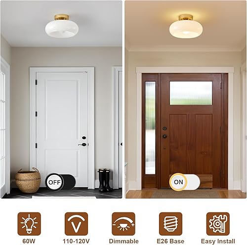 Miniatura 6 de Lámpara de techo semiempotrada dorada moderna de mediados de siglo, lámpara de techo de cocina con pantalla de vidrio, lámpara de techo blanca