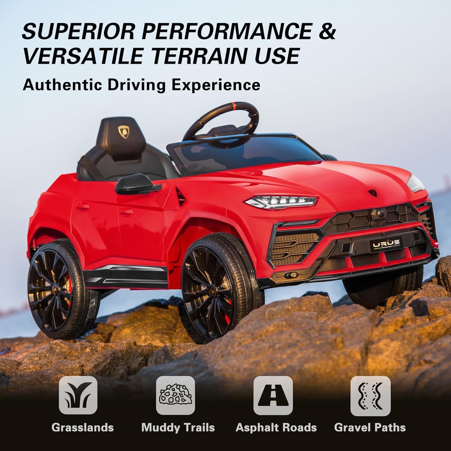 Rock Wheels Licensed Lamborghini Urus Ride On Truck Car Toy, 12V Battery Powered Electric 4 Wheels Kids Toys w/Parent Remote Control, Foot Pedal, Music, Aux, LED Headlights, 2 Speeds (Red)