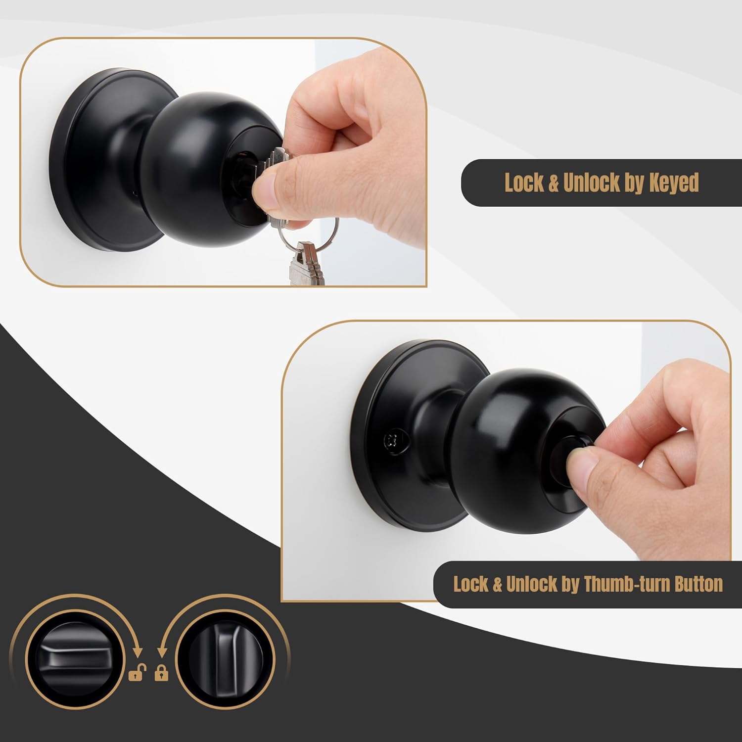Keyed Entry Door Knob, Ball Design Doorknob for Interior Exterior, Reversible Round Door Lock for Front Entrance Doors, Matte Black