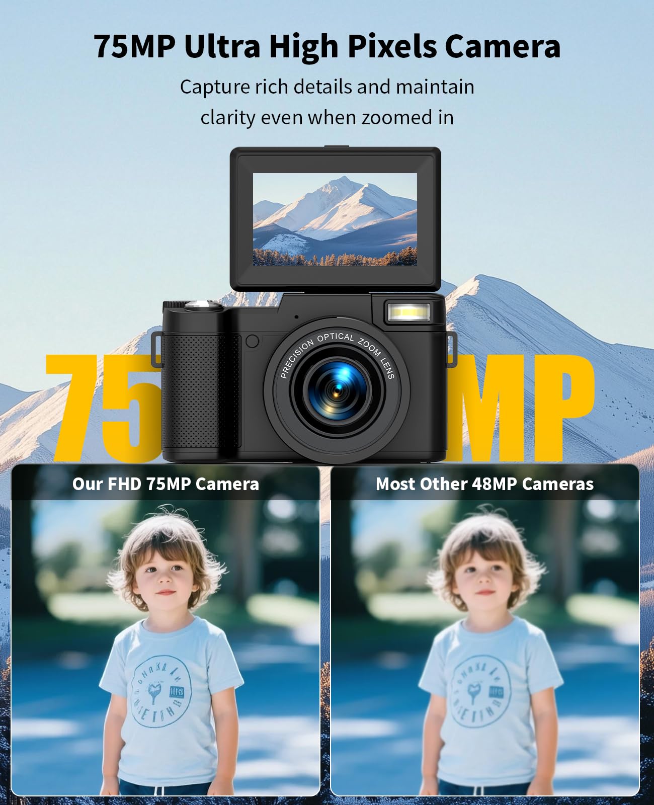 Longyi Digitalkamera 6K 75MP Kamera Fotokamera mit 8X Optischem Zoom, Anti-Shake, Autofokus Vlogging Kamera mit 180°-Klappbildschirm Selfie, 64GB-Card & Kartenleser, Ständer, Fotoapparat für Youtuber