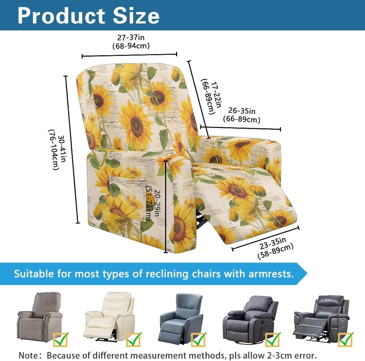 Sunflowers Stretch Reclining Chair Covers, 4 Pieces Non Slip Recliner Sofa Slipcovers with Pocket Lazy Chair Cover for Pet Living Room