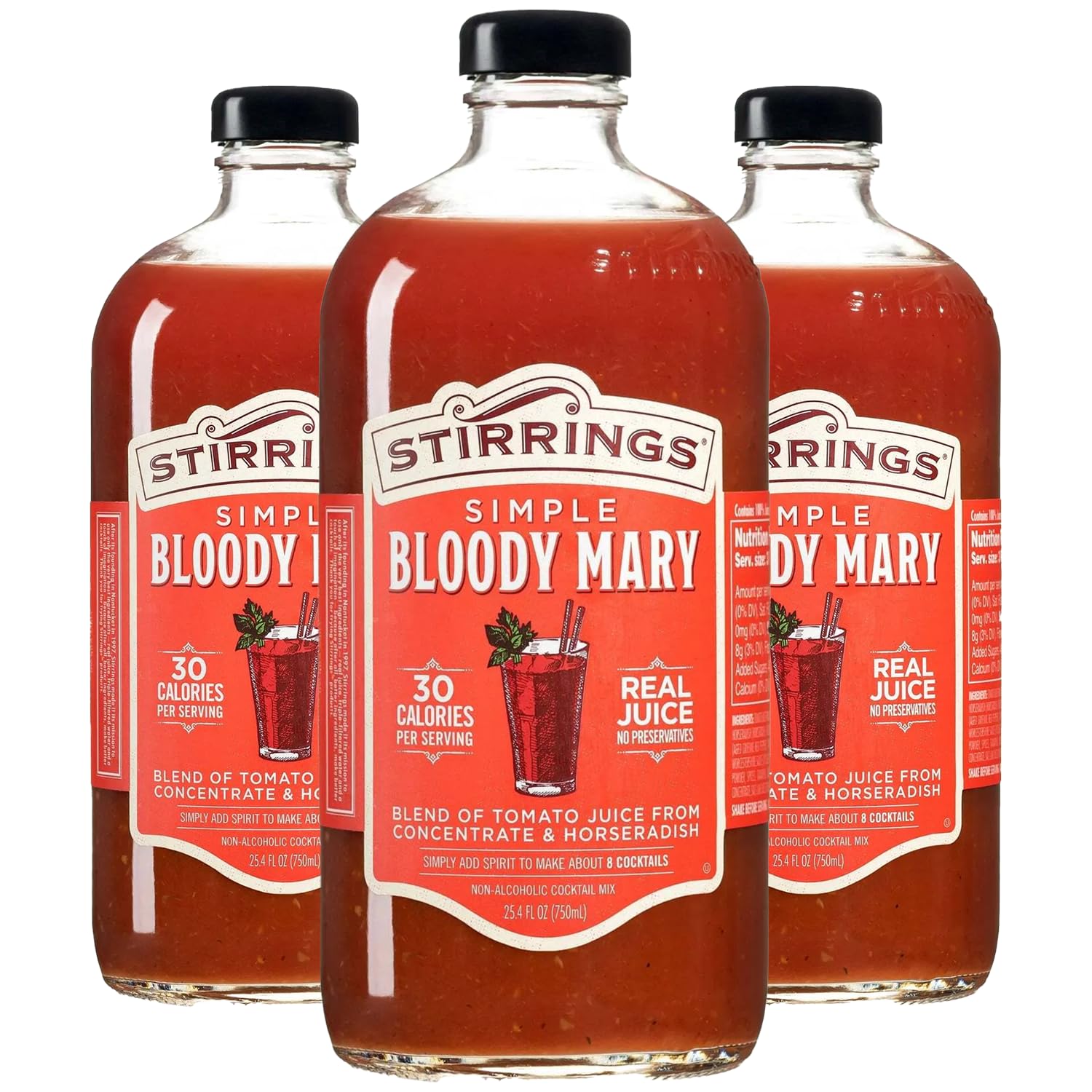 Stirrings 3 Pack Bloody Mary Cocktail Mix 750ml Bottles - Real Juice No Preservatives - 90 Calories - Drink Mixer