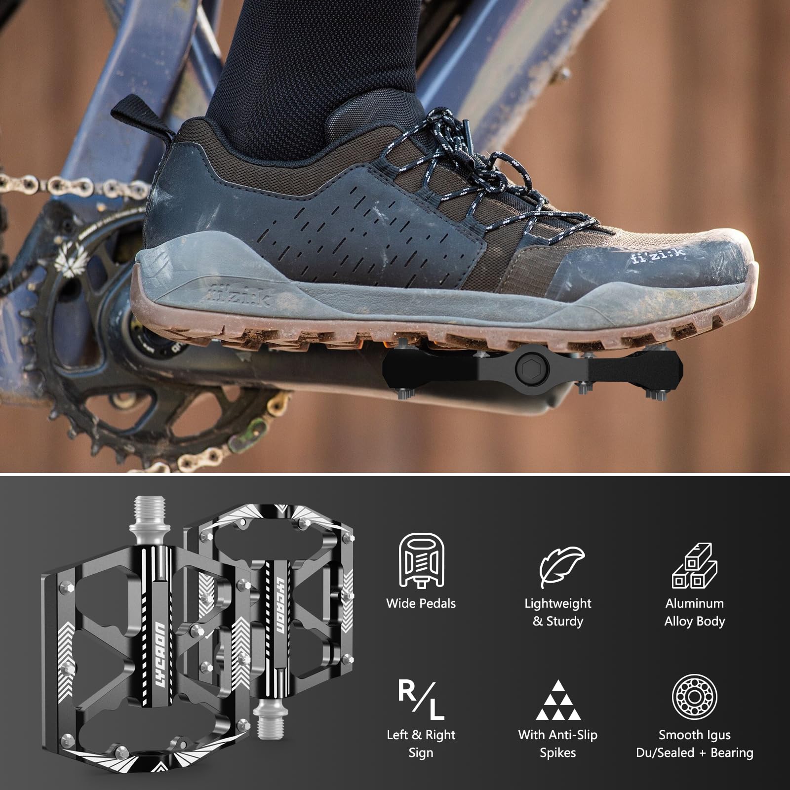 LYCAON Fahrradpedale Flachpedale - CNC Aluminiumlegierung 9/16" MTB Rennrad Pedale Rutschfest