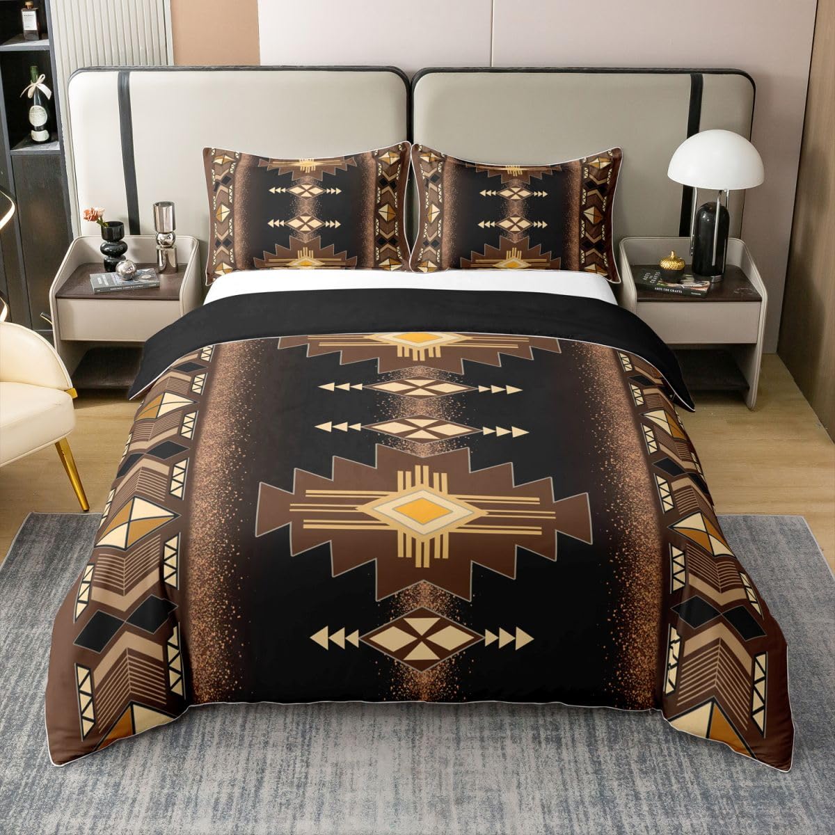 Housse de couette 140x200 coton Homewish aztèque marron pour lit enfant style western et boho