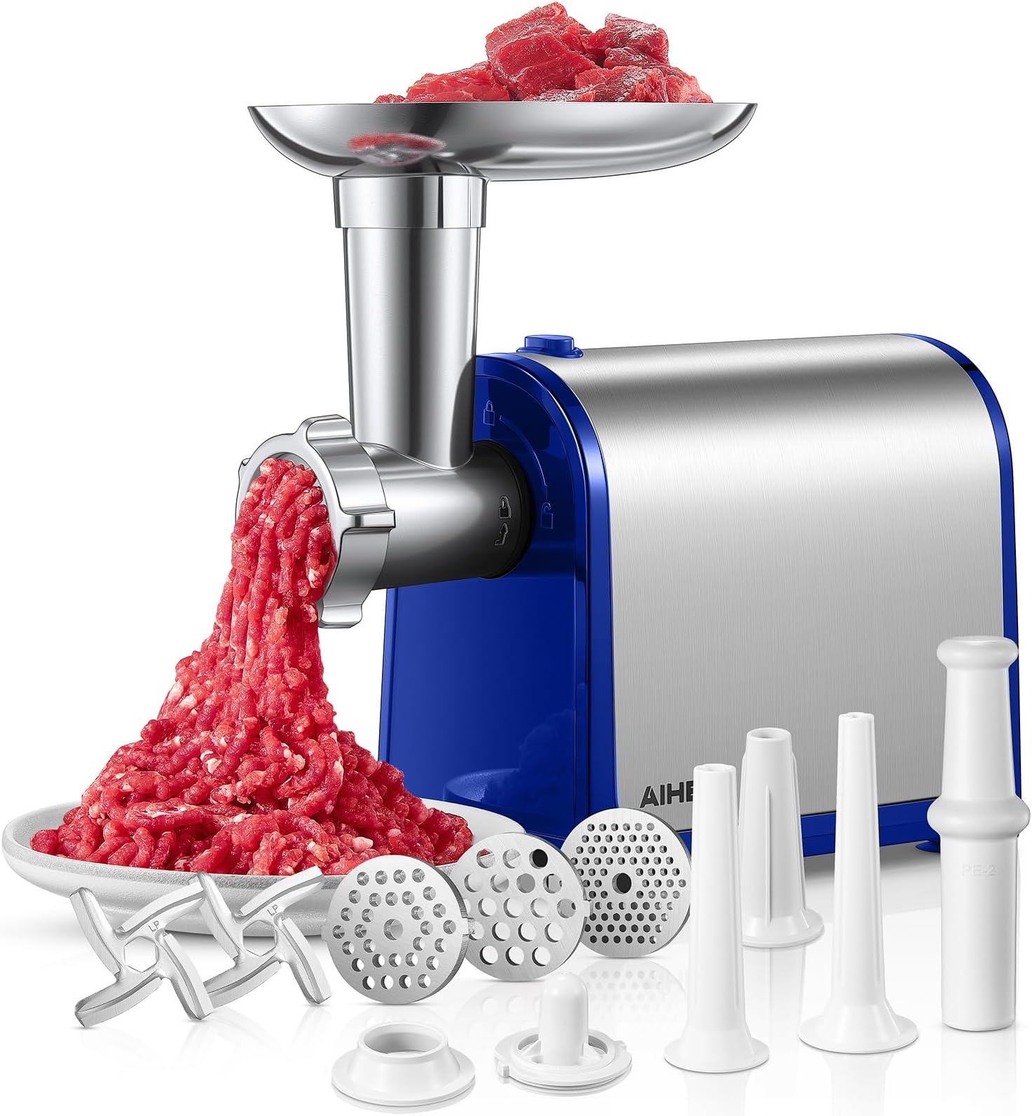 Electric Meat Grinder, Sausage Stuffer with 3 Sausage Tubes, 2 Blades, 3 Plates, 3200W Max, Meat Grinder Heavy Duty for Home Kitchen Use, Stainless Steel (Blue)