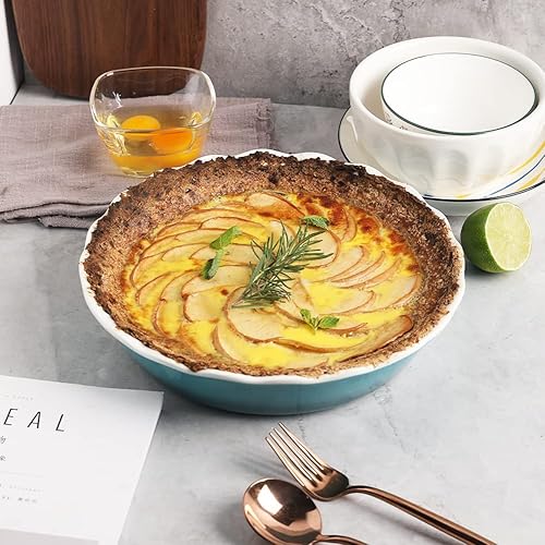 Miniatura 4 de Sweejar Molde de cerámica para hornear, plato redondo para hornear de 10 pulgadas para cena, plato antiadherente con borde ondulado suave para