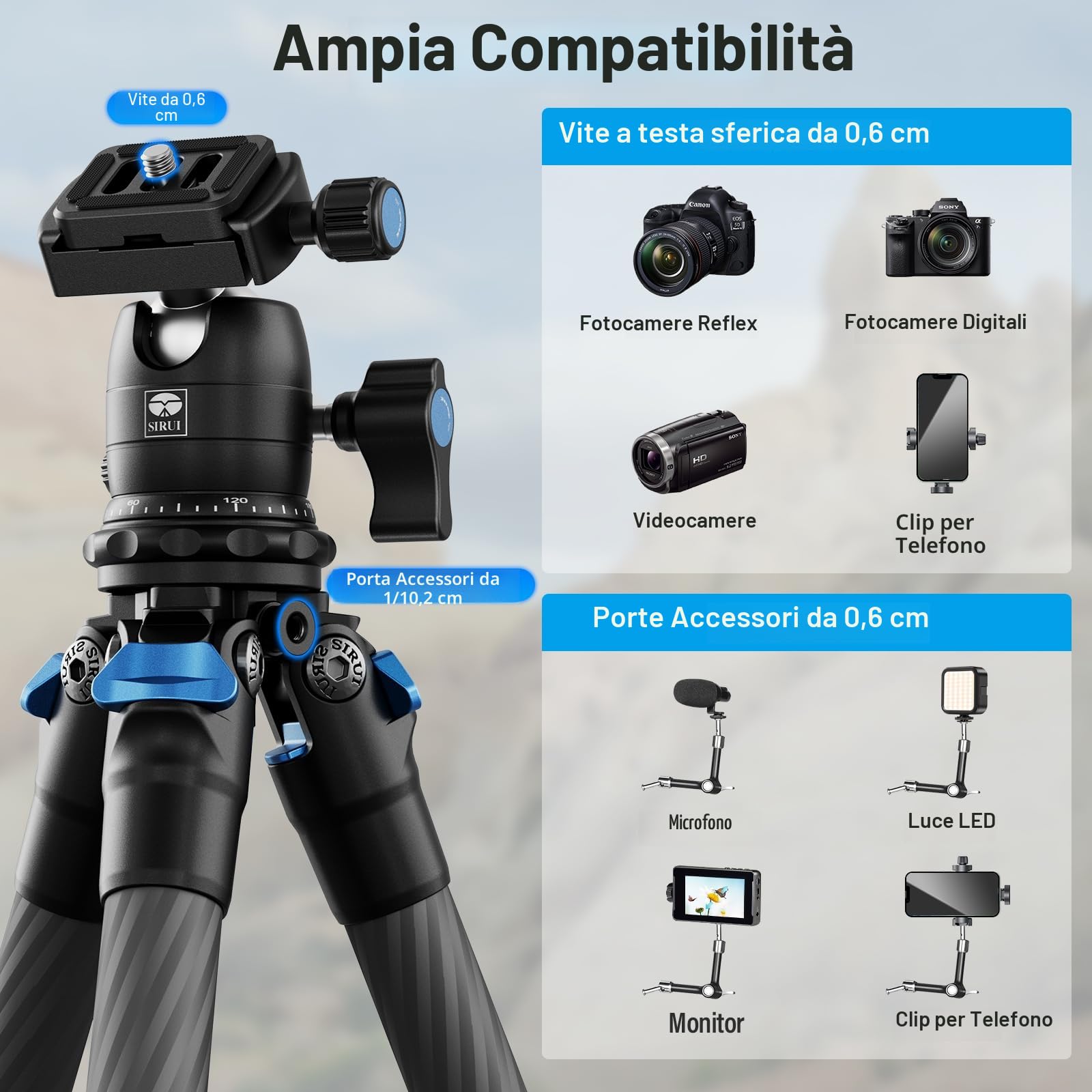 SIRUI Mini Treppiede Fotocamera AM-223, Portatile Compatto Treppiede Carbonio con Testa a Sfera B-00K a 360 Gradi, 13-43CM Treppiede da Viaggio con Piastra a Sgancio Rapido, Carico Massimo 15kg