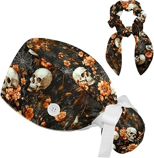 Scrub Caps Women, Adjustable Surgical Caps with Ponytail Pouch, Working Cap with Bow Hair Scrunchy, Bouffant Hat with Buttons, Skull Halloween Autumn Gothic Vintage Floral Retro