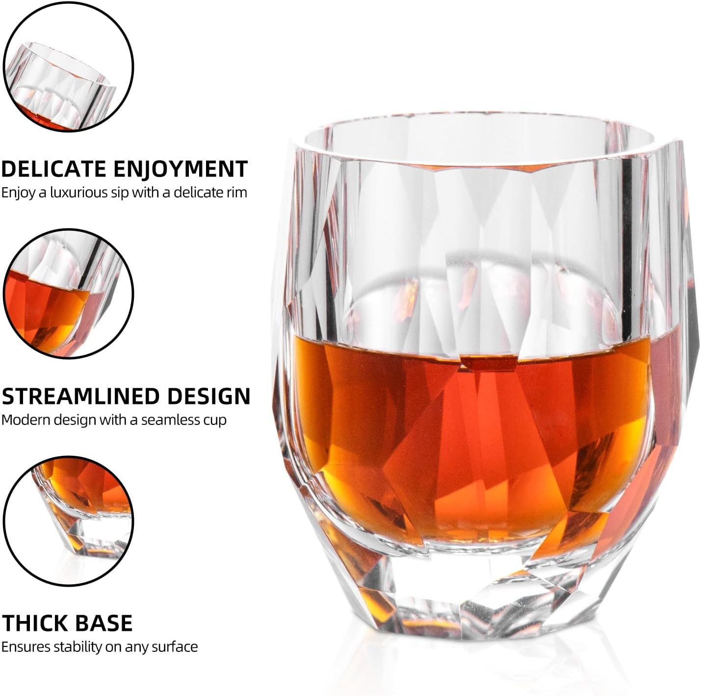 KAMMAK Geometric Faceted Whiskey Glass Modern Crystal Tumbler with Thick Stable Base 7.78 oz Lead-Free Elegant Barware for Scotch, Bourbon, Cocktail, Wine - Ideal Gift & Modern Home Drinkware