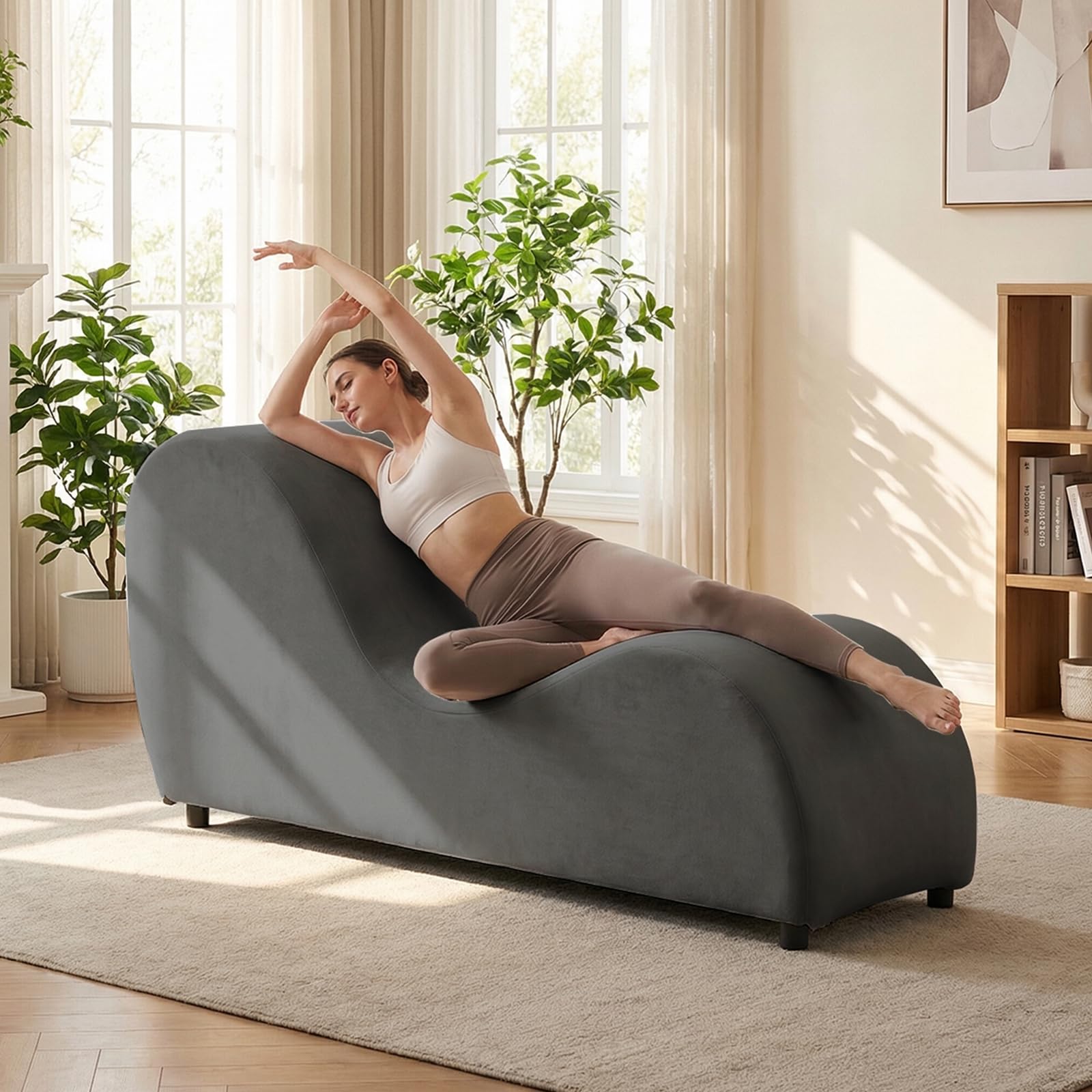 Mjkone Yoga Chaise Lounge Chair, Velvet, Dark Grey