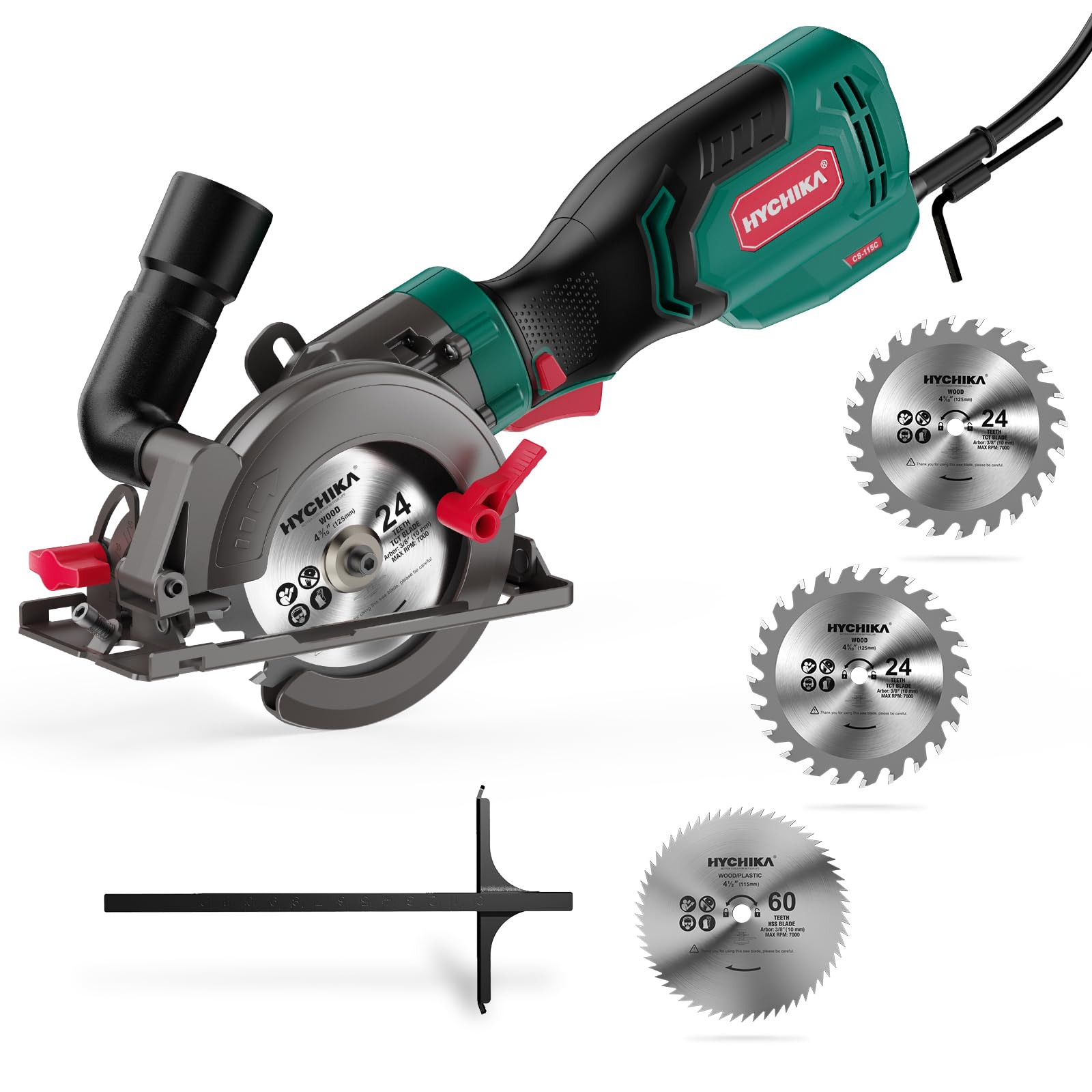 HYCHIKA Mini Sega Circolare 750W 3500RPM, Sega Compatta con 3 Lame (2 * 24T+1 * 60T) per Legno, Metallo, Taglio Inclinato 45°/90° (Profondità Max 48mm), Fai da Te