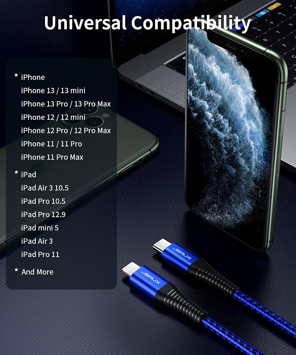 JSAUX USB-C to Lightning Fast Charging Cable 6ft, [Apple MFi Certified] PD Fast Charger Compatible with iPhone 13/13 mini/13 Pro Max/13 Pro, 12/12 Pro Max/Mini, X, XR, Supports Power Delivery-Blue