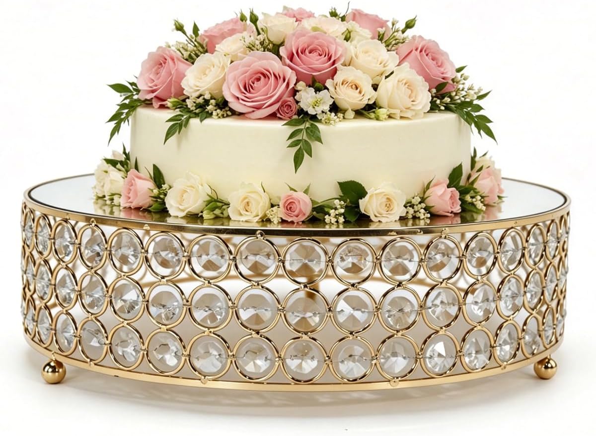 Gold Crystal Round Cake Stand with Mirror Top, 12 Inch Metallic Dessert Display Riser, Bling Crystal Cupcake Holder for Wedding, Birthday Party, Afternoon Tea & Home Decor