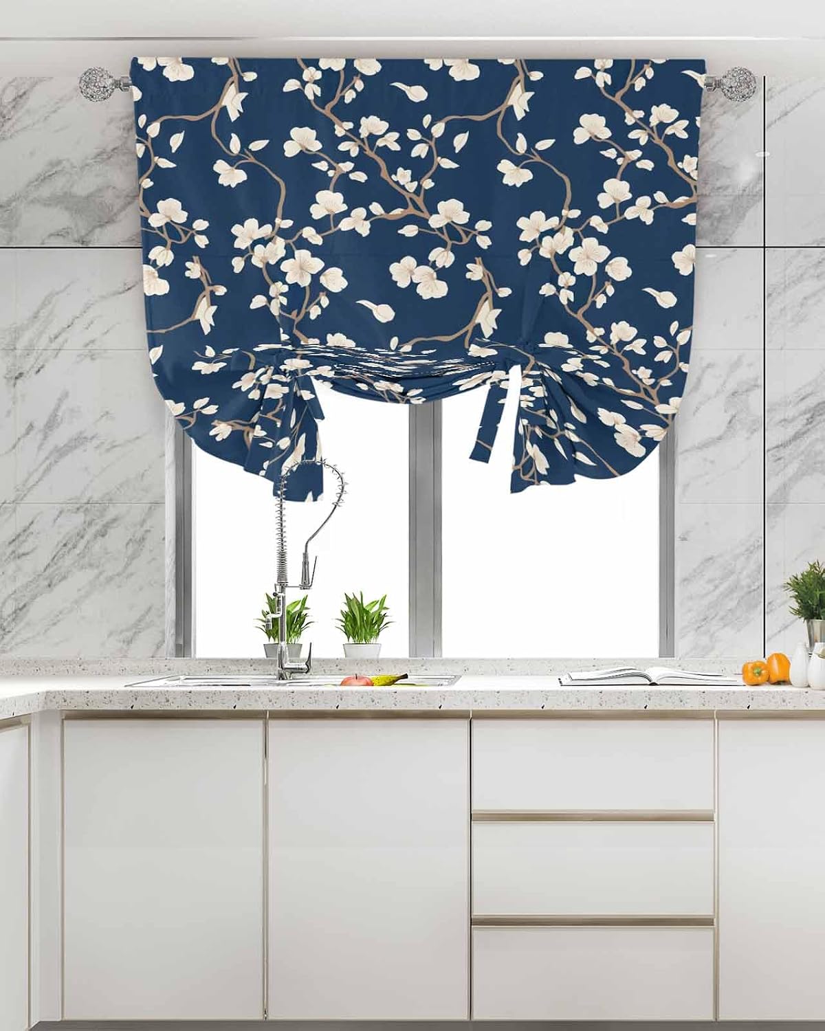 Balloon Tie Up Curtain, Adjustable Rod Pocket Panel Blackout Window Valances Curtains, Floral Plant Birds Pattern Blue Short Treatment Window Shades Decor for Bedroom Farmhouse Kitchen - 52"x63"