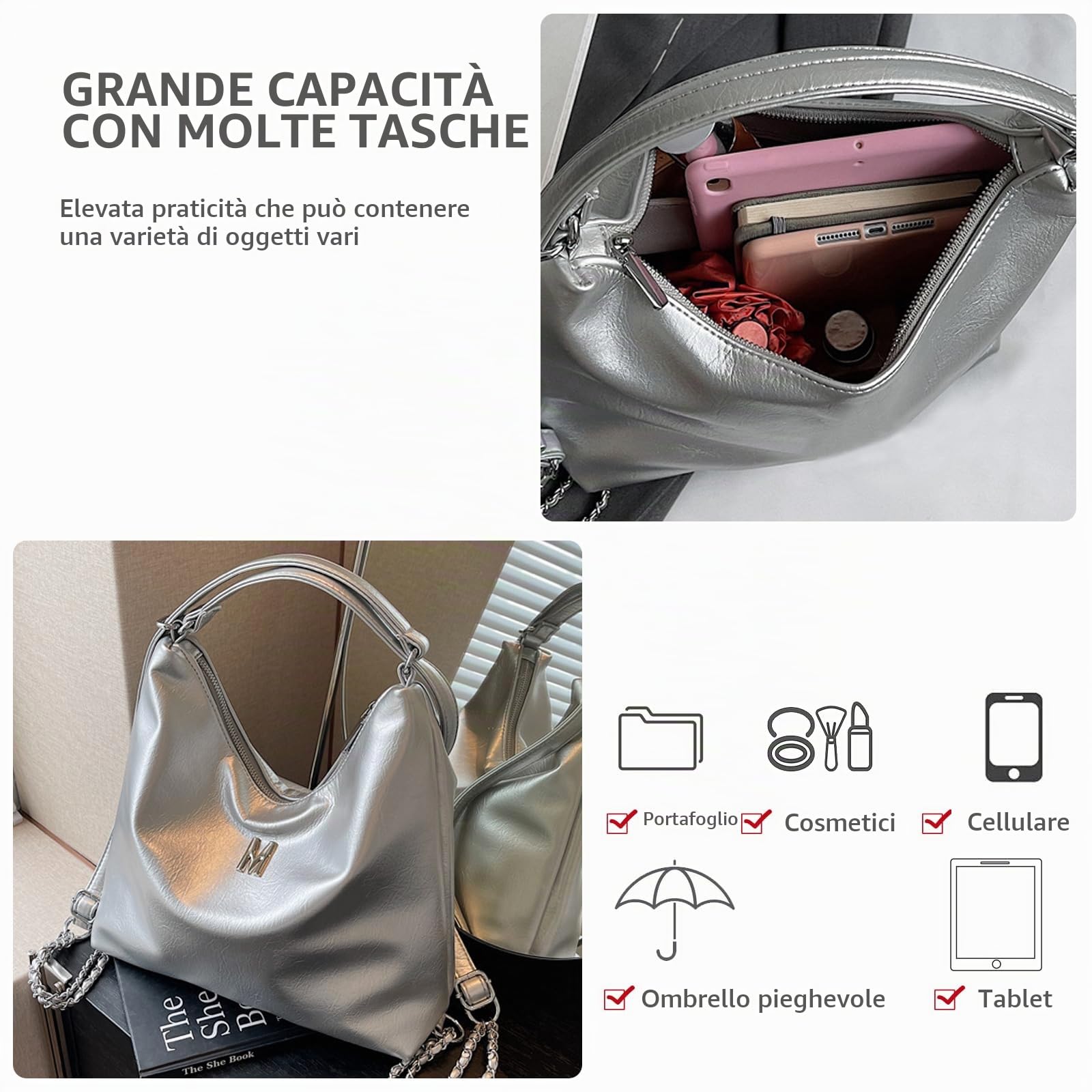 NICOLE & DORIS Borsa Donna Tracolla Grande Borsa a Spalla Moda Borsa a Mano Versatile Borse Hobo Pelle PU Zaino Convertibile Borsetta Shopper Argento