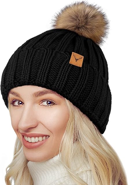 NEOLA Beanie Hat for Ladies Winter Bobble Hat Double Layer Fleece Line Knitted Hat with Detachable Faux Fur Pom Pom Hat for Unisex Outdoor Sports Ski
