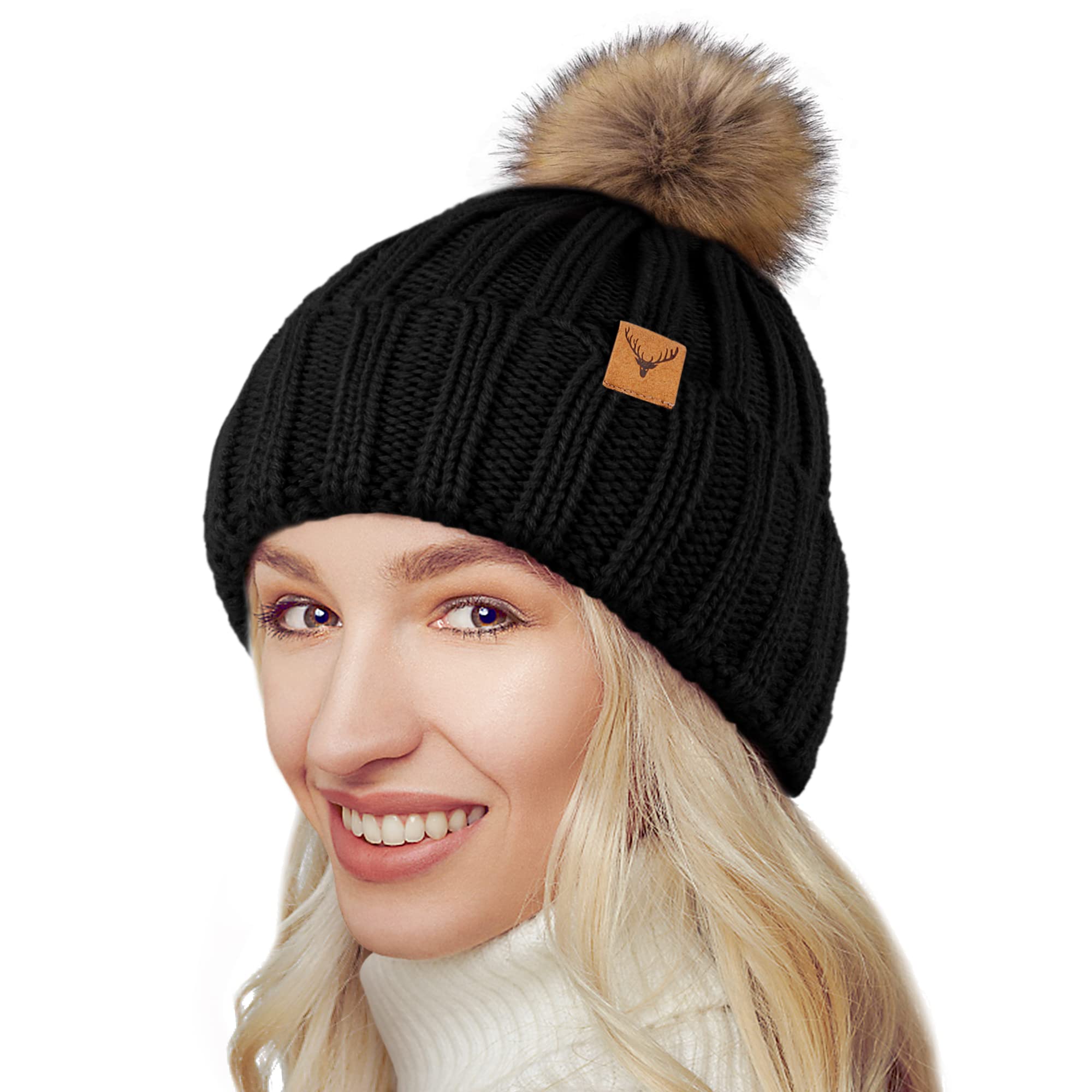 Bobble Hat Black Wool Beanie Womens Bobble Hat Women's Woolly Hat