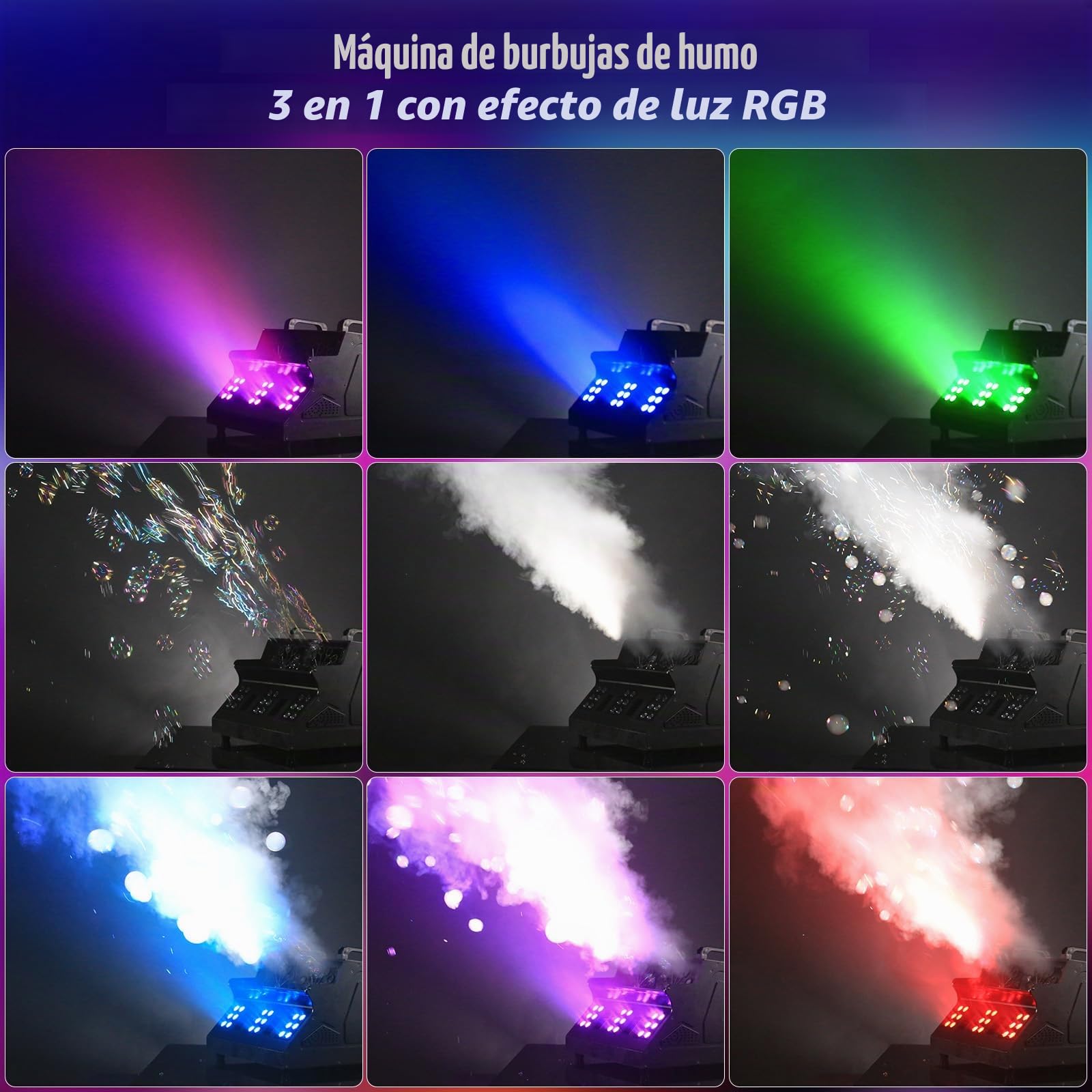 Máquina de Burbujas de Humo de 1500W con Control Remoto, 18 LED RGB d-mx512 Compatible con Máquina de Niebla de Burbujas con Control Independiente para Bodas Escenarios Fiestas Halloween y Navidad