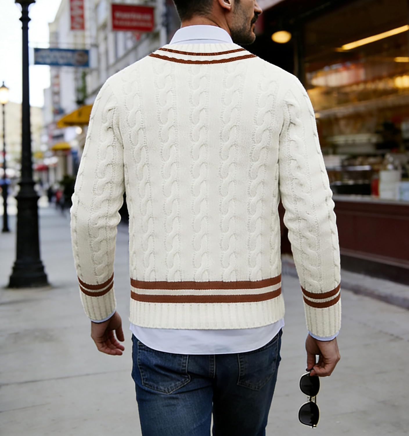 chouyatou Men's Casual V Neck Contrast Stripes Cable Knit Pullover Sweater Tops - Image 3