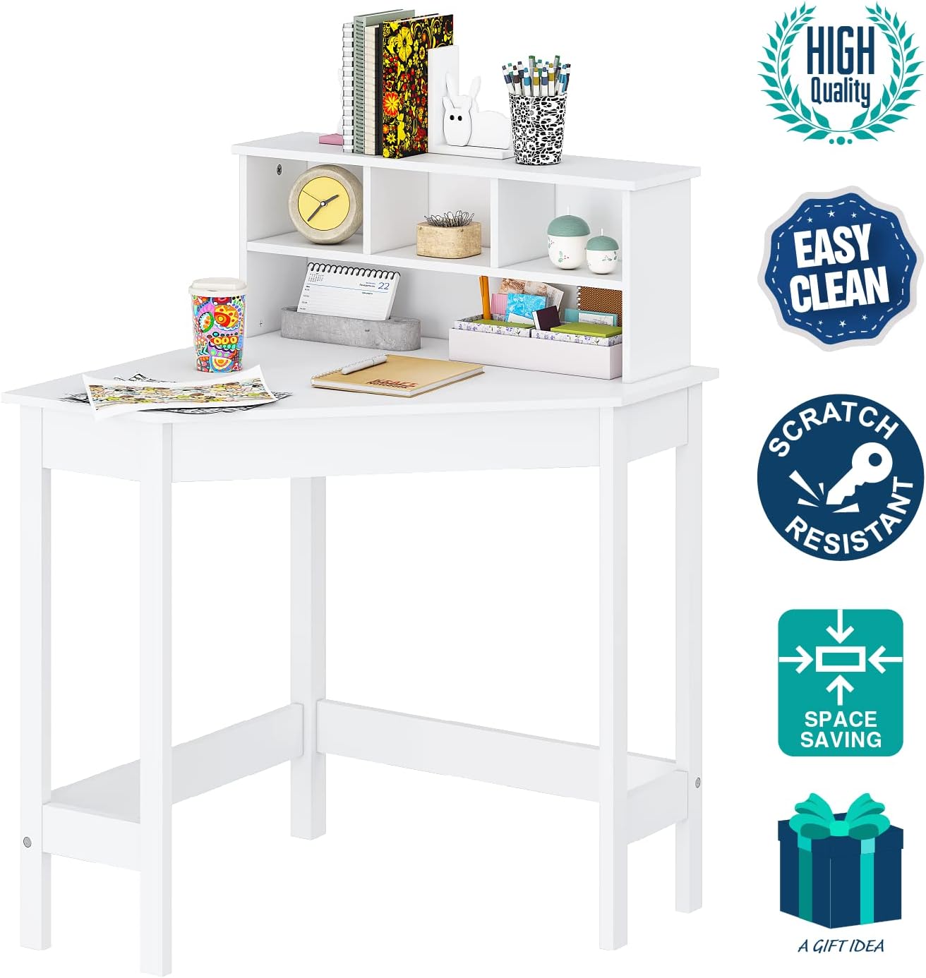 UTEX Corner Desk with Storage and Hutch for Small Space, Kids Corner Desk with Reversible Hutch for Girls Boys, Study Computer Desk Workstation & Writing Table for Home School Use, White