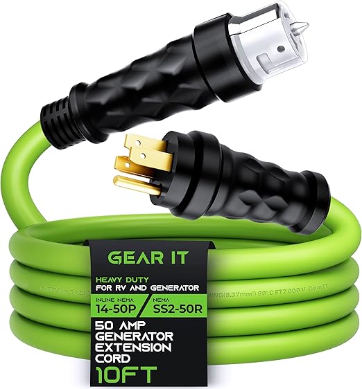 GEARit 50-Amp Generator Extension Cord (10 Ft) Inline NEMA 14-50P to SS2-50R Twist Lock Connector STW 6/3+8/1 AWG 125/250V for 50A Power Inlet Box, RV Camper, Generator to House - 10 feet