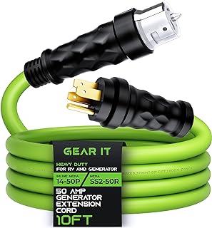 GearIT 50-Amp Generator Extension Cord (10 Ft) Inline NEMA 14-50P to SS2-50R Twist Lock Connector STW 6/3+8/1 AWG 125/250V for 50A Power Inlet Box, RV Camper, Generator to House - 10 feet