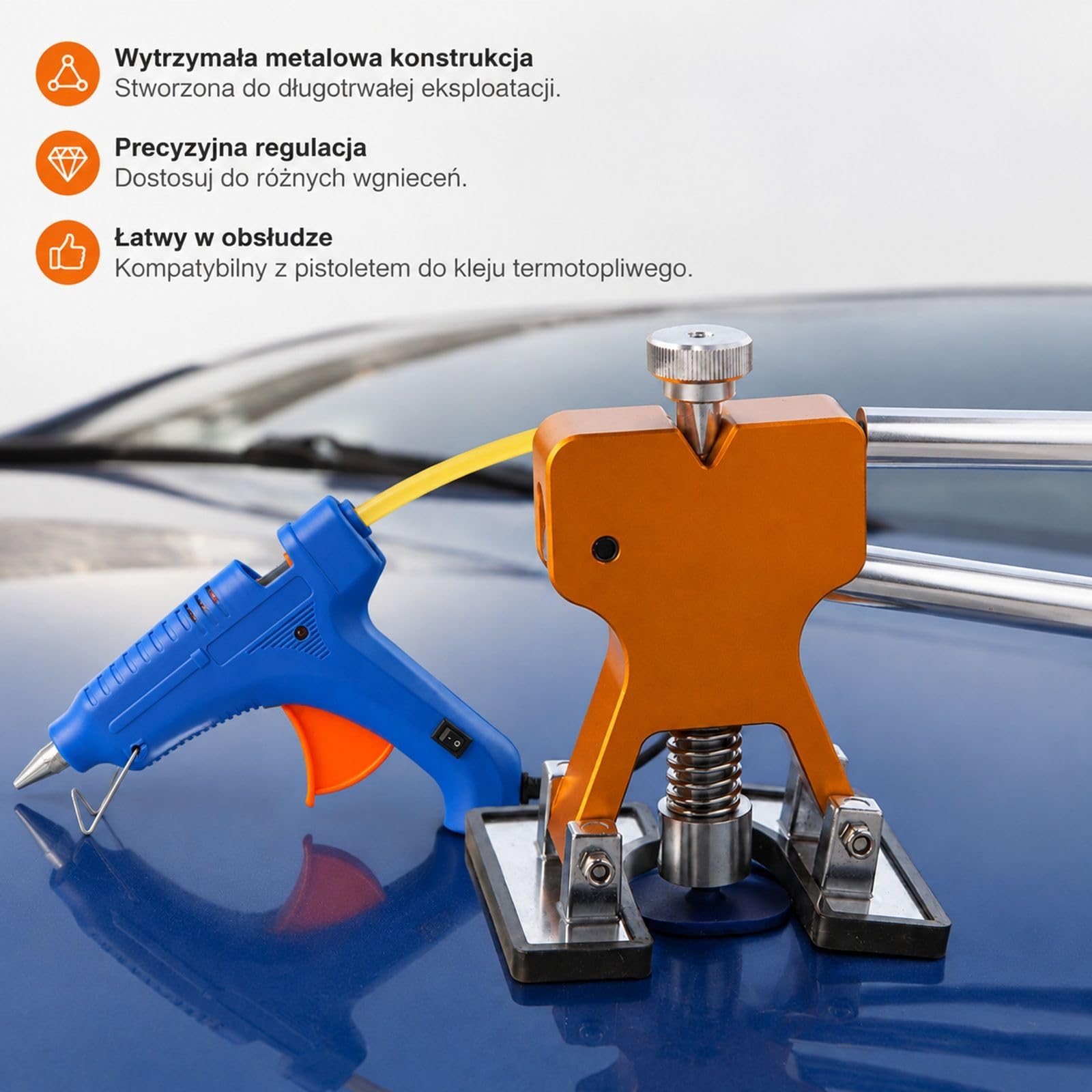 Zestaw do naprawy wgnieceń samochodowych 89 elementów z wyciągaczem, mostkiem, młotkiem ślizgowym, pistoletem do kleju, panelem LED, gumą, aluminium i plastikiem do metalowych powierzchni
