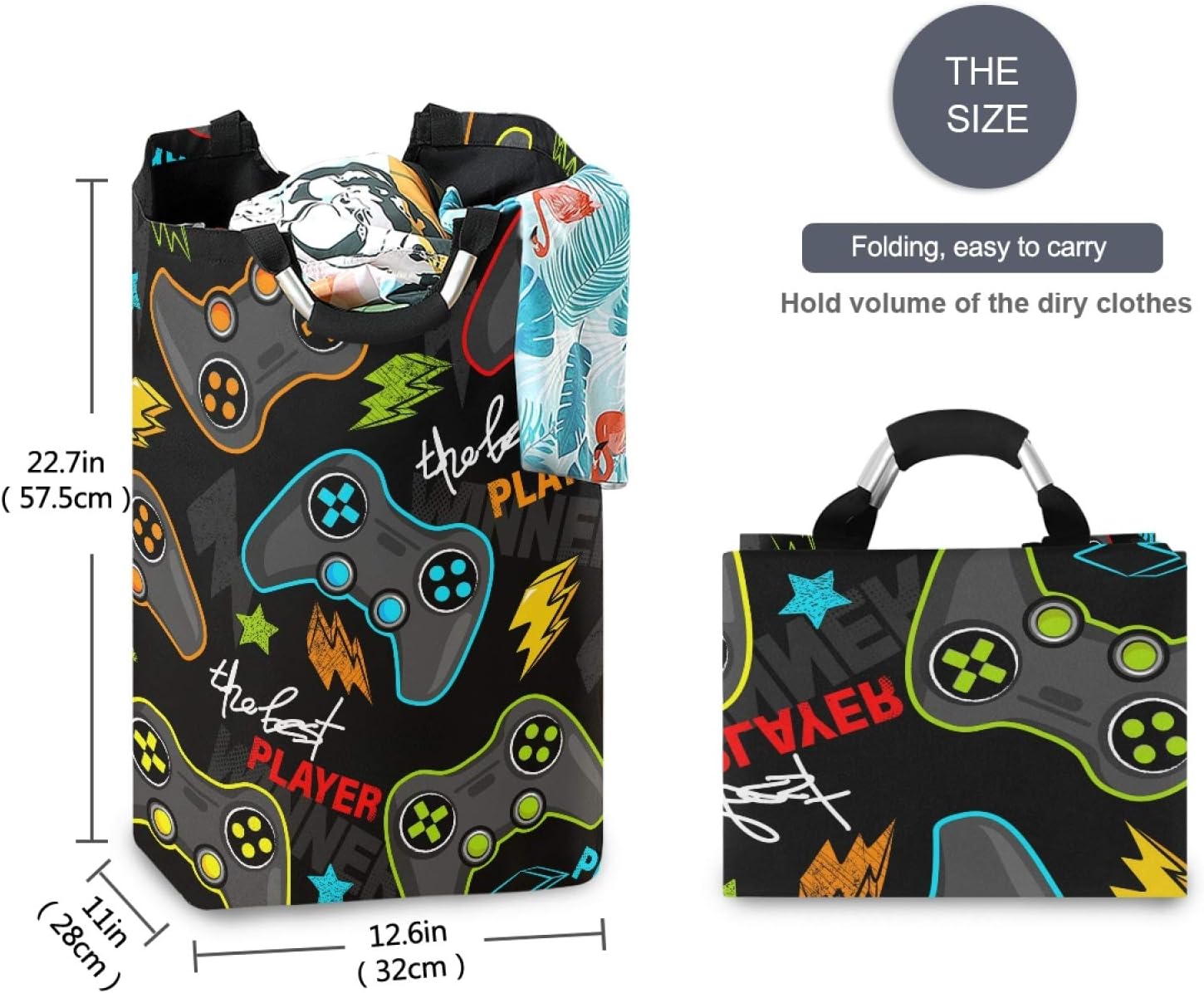 Qilmy Gamepad Laundry Hamper Large Waterproof with Handle Laundry Baskets Foldable Lightweight Durable Store Basket for Bathroom Bedroom