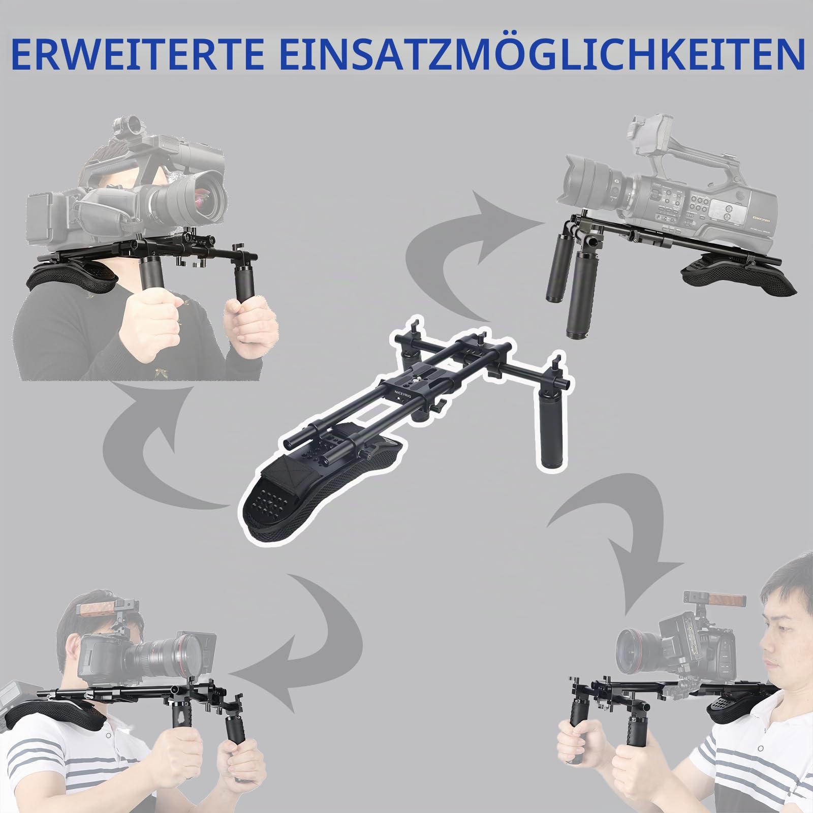 NICEYRIG Camera Shoulder Rig mit Dual Handgrip,Schulterpolster 15mm für spiegellose DSLR-Kameras, stabile Videoaufnahmen, Schulter-Rig mit Universal-Grundplatte,Aluminium-Legierung,15mm Stab,Griff-Set