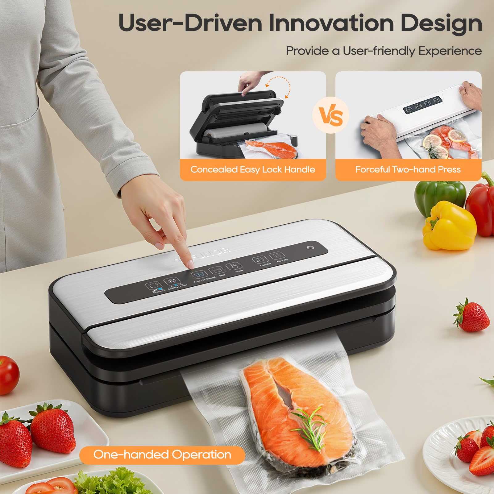 Máquina selladora al vacío líquida, sellador al vacío de 90 Kpa para alimentos líquidos/secos/húmedos, doble sellado térmico, mango de fácil bloqueo, cortador integrado y almacenamiento de bolsas y