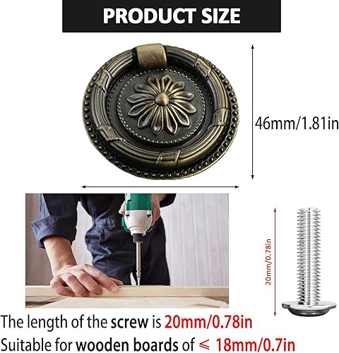 Vista 2 de Jinyuanchao 6 tiradores de anillo caído de latón aceitado para armario, pomos de manija de anillo de cajón (bronce, 1.8 pulgadas1.811 in)