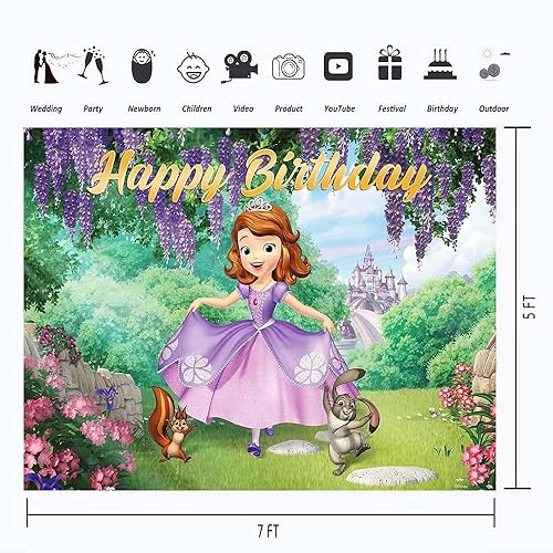 Miniatura 3 de Pequeña princesa Sofía telón de fondo Feliz cumpleaños 7x5 púrpura Sofía Castillo bosque Animales Sofía el primer tema de fondo 1er cumpleaños para