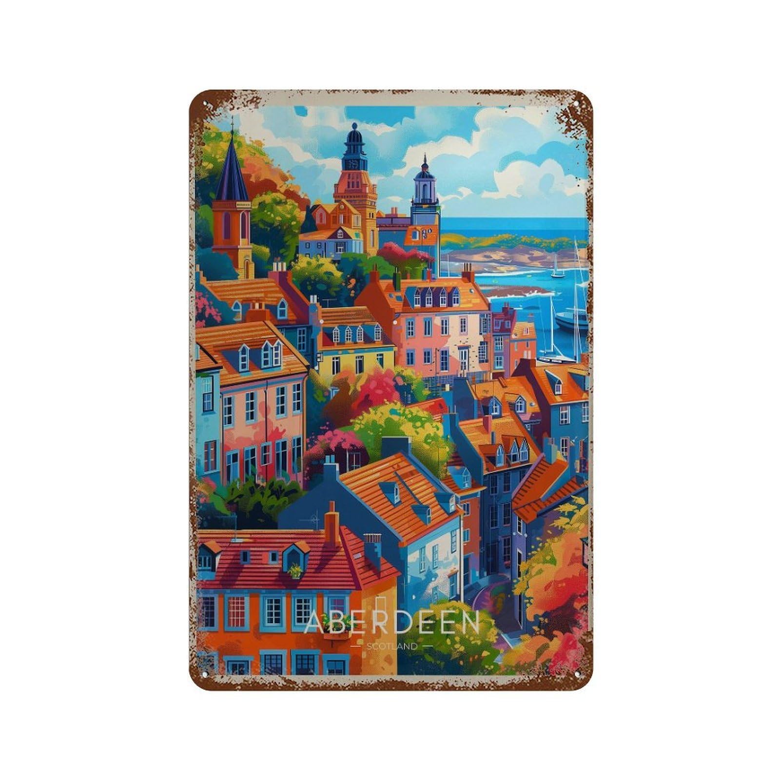 xiaoxiaoshen Aberdeen Scotland Travel Colorful Cityscape Wall Decor Art Metal Tin Poster Modern Home Decor Art Home Bar Shop Decorations Vintage Sign 30x20cm