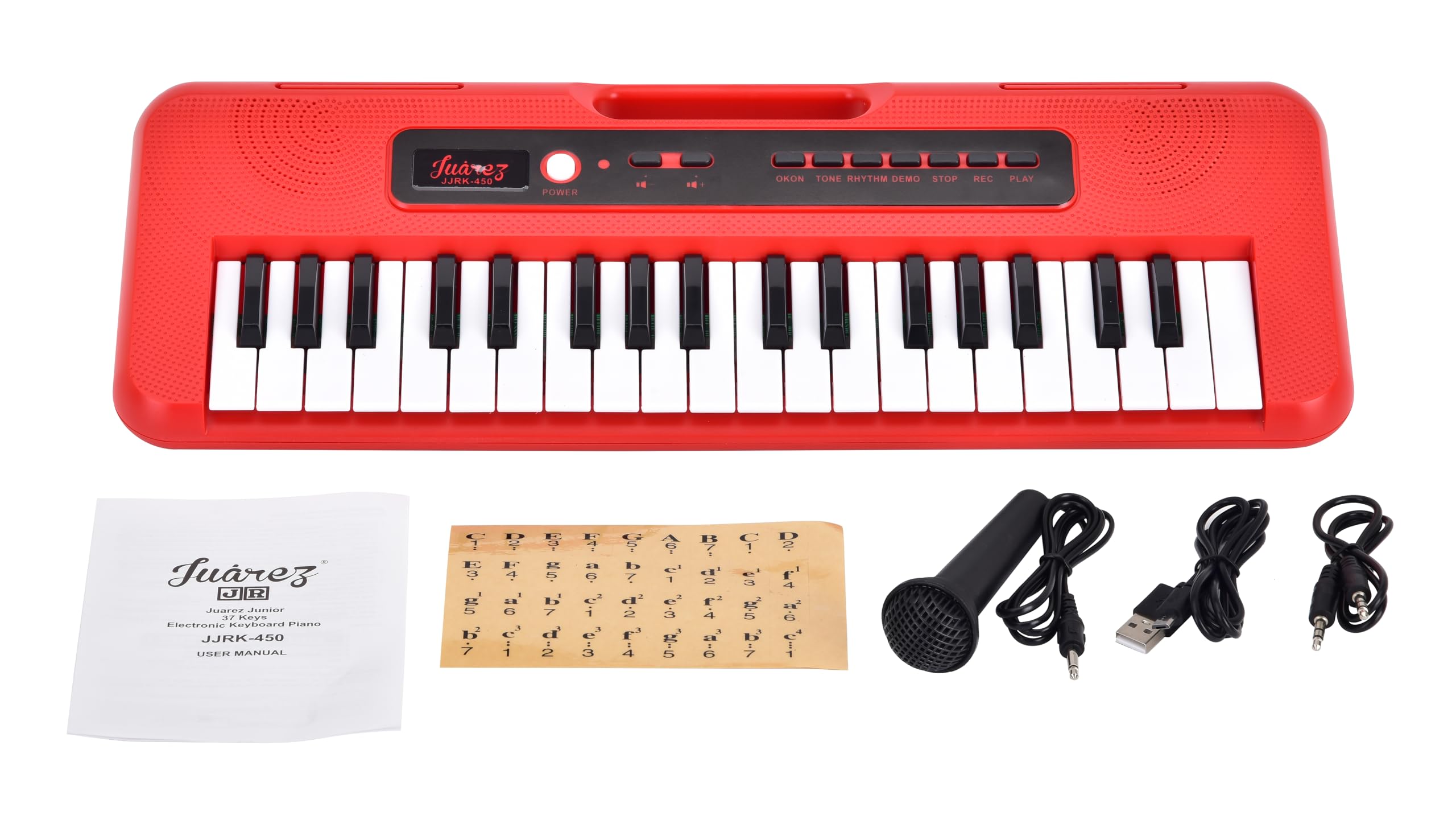 Juarez Junior 37 Keys Electronic Keyboard Piano JJRK-450 with Microphone, Type-C USB Power, Record & Playback, OKON Learning, Single Speaker, Earphone & Audio-in Jack (Red)-image-27