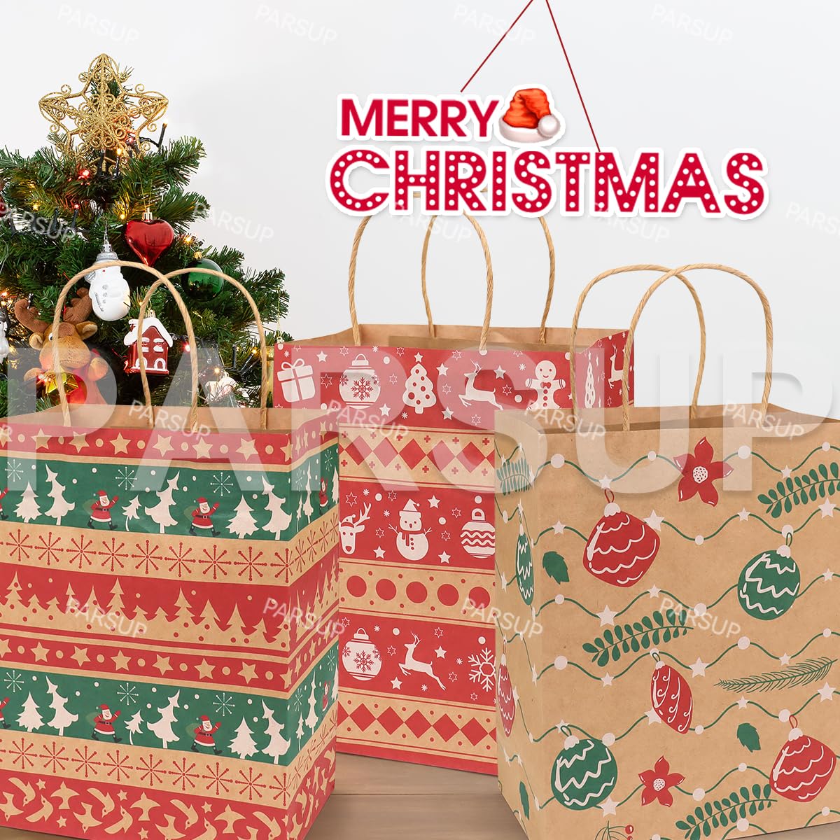 SENTAIMAO Lot De 24 Sacs Cadeaux De Noël En Papier Kraft Avec Poignées - 10 Designs Festifs - Pour Emballage, Fêtes, Bonbons