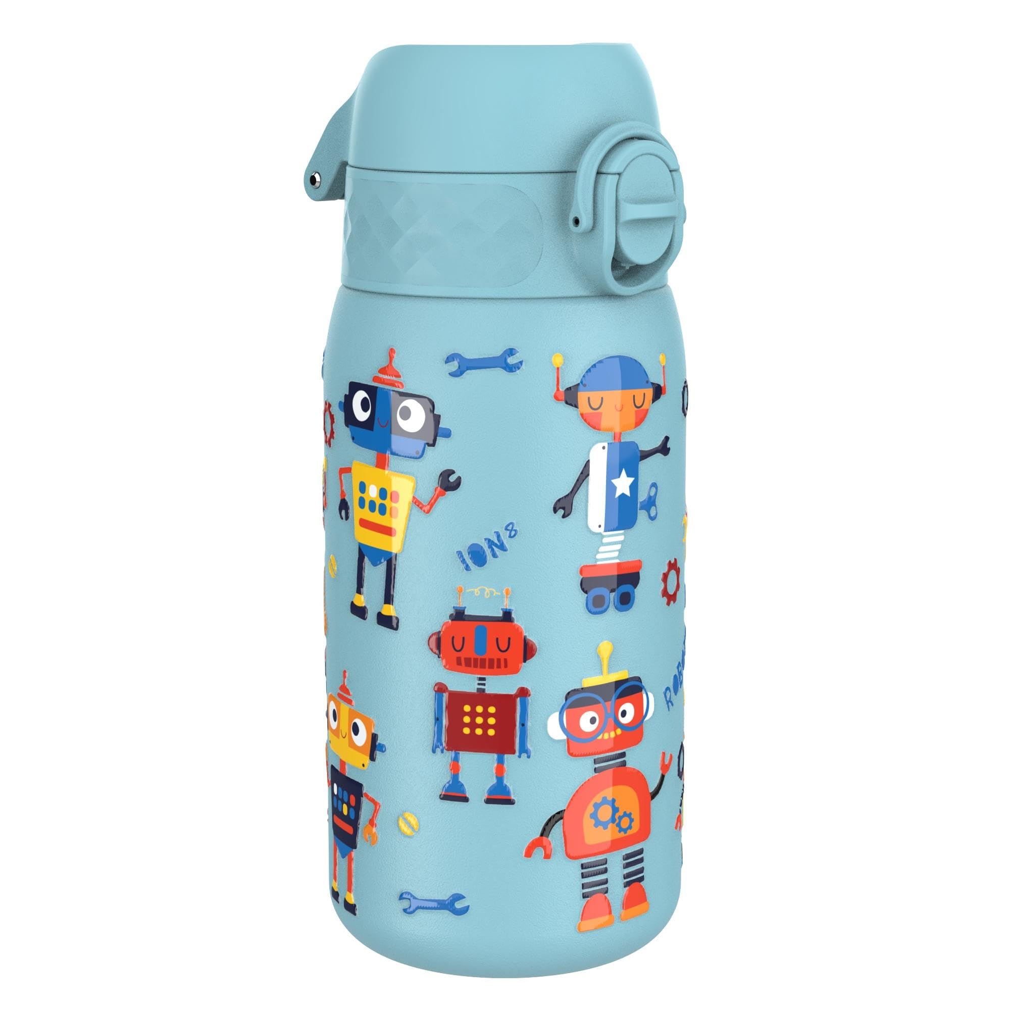 Ion8 Lightweight Steel Kids Water Bottle, 400ml/13oz, Non-Insulated, Leak Proof, Easy to Open, Secure Lock, Dishwasher Safe, Fits Cup Holders, Carry Handle, Metal Water Bottle, Robots
