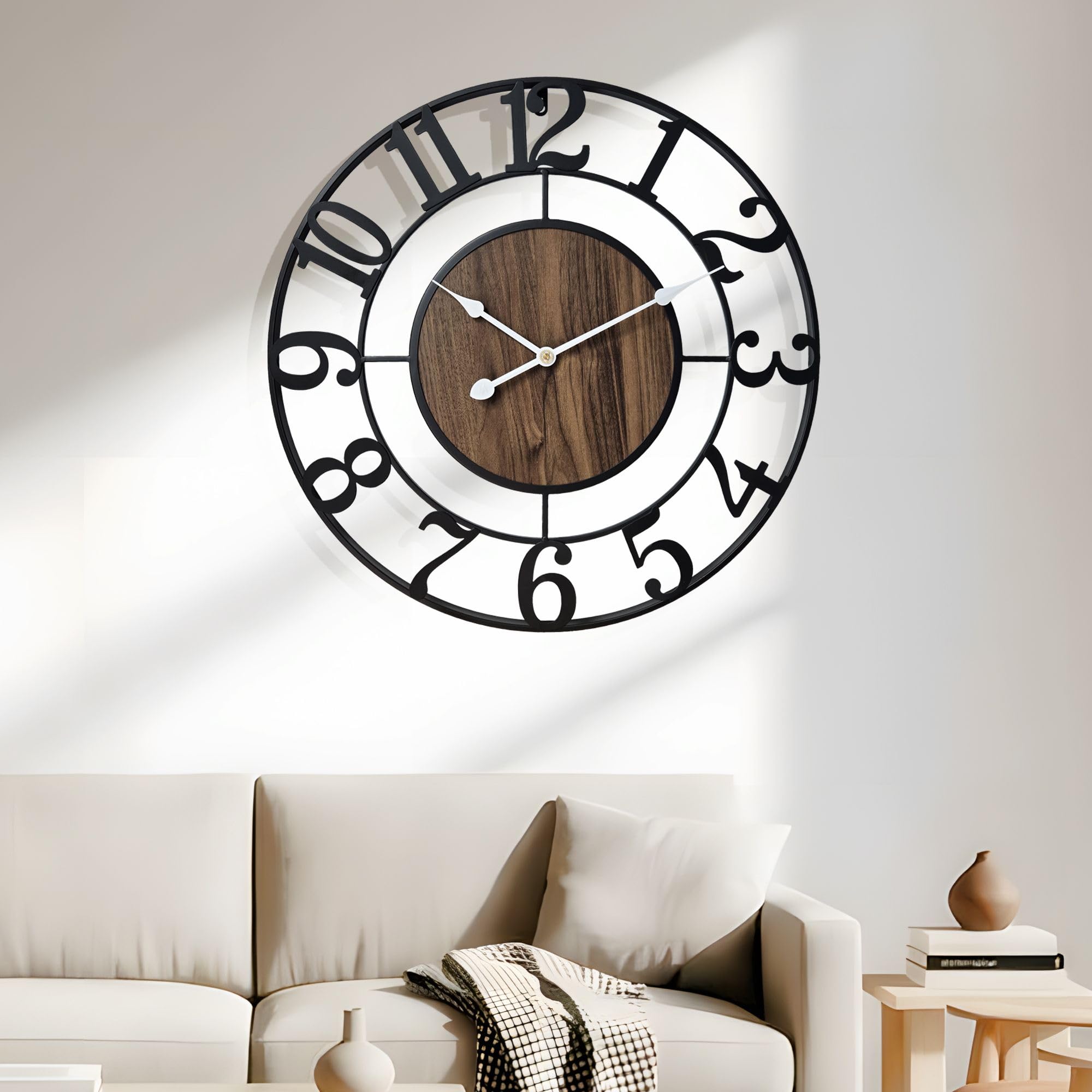 Große Wanduhr 50cm Durchmesser Vintage Design Schwarz Metall Dekorative Ohne Tickgeräusche Moderne Holz Wanduhr für Wohnzimmer, Landhaus, Schlafzimmer, Kamin, Küche, Büro & Wohnaccessoire