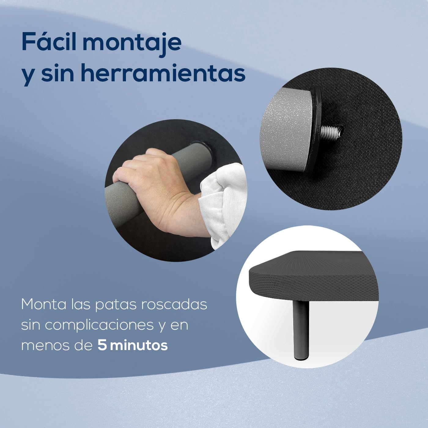 Duérmete Online - Base Tapizada Reforzada para Cama, Estabilidad y Resistencia con 5 Barras Transversales y 6 Patas metálicas roscadas de 25cm, 150 x 190, Gris Oscuro
